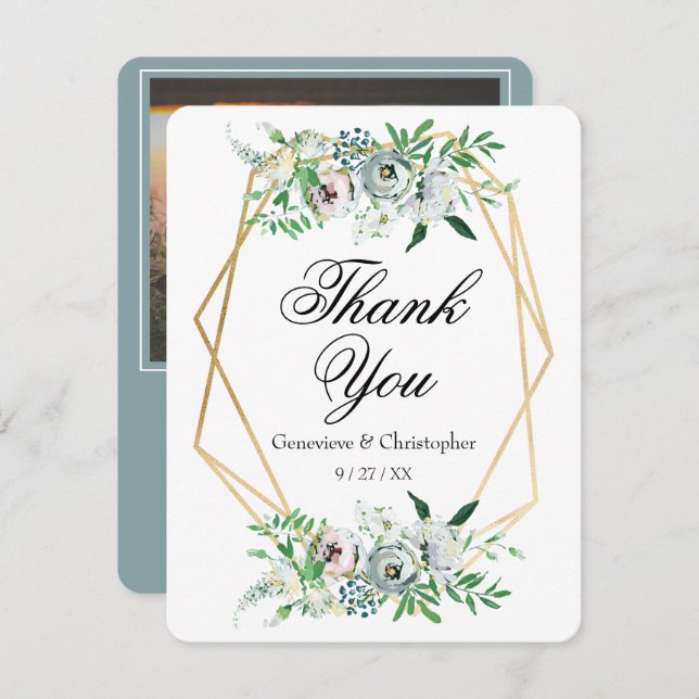 Elegant Blue Watercolor Floral Wedding Tack Kort (Fram/baksida)