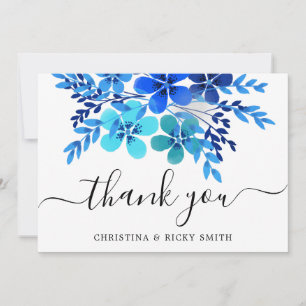 Elegant Blue Watercolor Flowers Bröllop Tack Kort