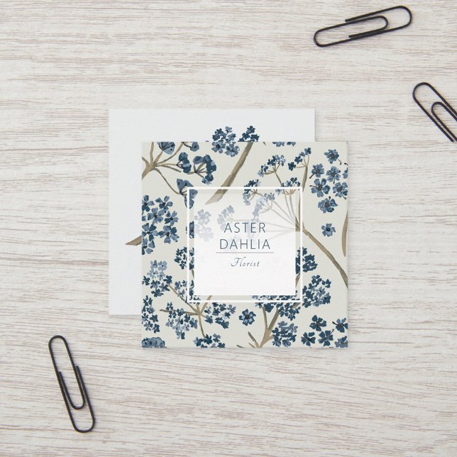 Elegant Blue Watercolor Flowers Fyrkantigt Visitkort (Elegant Blue Watercolor Flowers Square Business Card from Studio Posies.)
