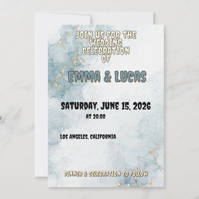 Elegant Blue Watercolor & Gold Wedding Invitation Inbjudningar (Framsida)