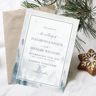 Elegant Blue Watercolor Gräs Träd Winter Wedding Inbjudningar