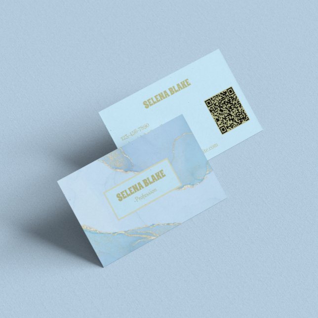 Elegant Blue Watercolor & Guld Glitter - QR-kod Visitkort (Skapare uppladdad)
