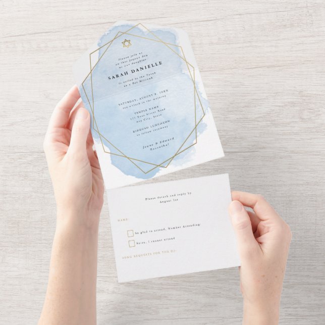 Elegant Blue Watercolor Guld Ram Bat mitzvah (Avrivbar del)