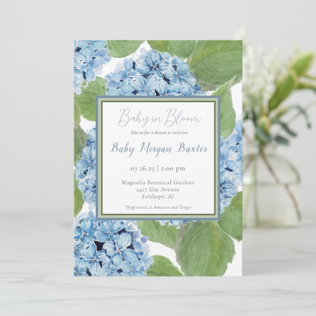 Elegant Blue Watercolor Hydrangea Baby Shower Inbjudningar (Stående Fram)
