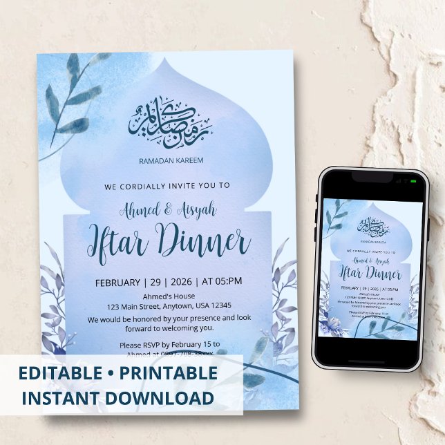 Elegant Blue Watercolor Islamic Iftar Dinner Inbjudningar (Skapare uppladdad)