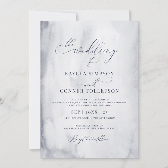 Elegant Blue Watercolor Marble Calligraphy Bröllop Inbjudningar (Framsida)