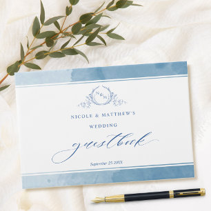 Elegant Blue Watercolor Monogram Bröllop Guest Boo Gästböcker