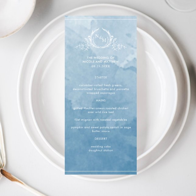 Elegant Blue Watercolor, Monogram Bröllop Menu Meny (Skapare uppladdad)