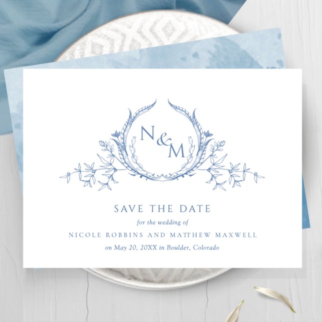 Elegant Blue Watercolor Monogram Bröllop Spara Datumet (Skapare uppladdad)