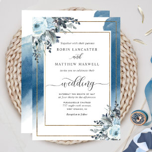 Elegant Blue Watercolor och Blue Blommigt Bröllop Inbjudningar
