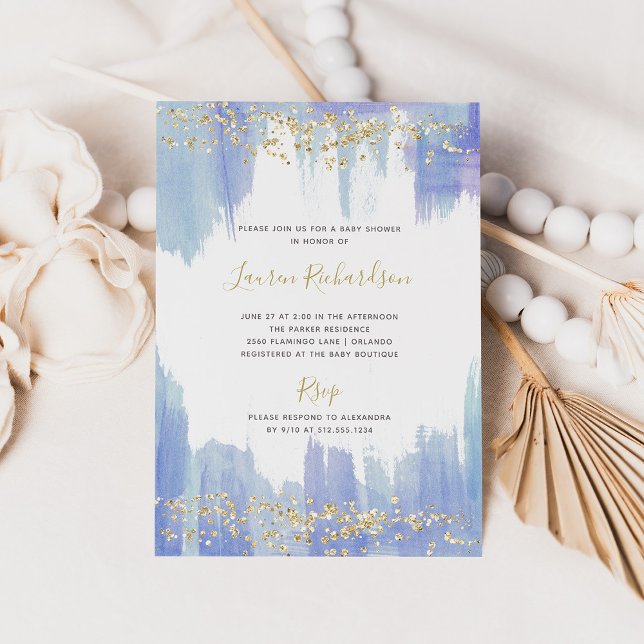 Elegant Blue Watercolor och Guld | Babyskor Inbjudningar (Skapare uppladdad)