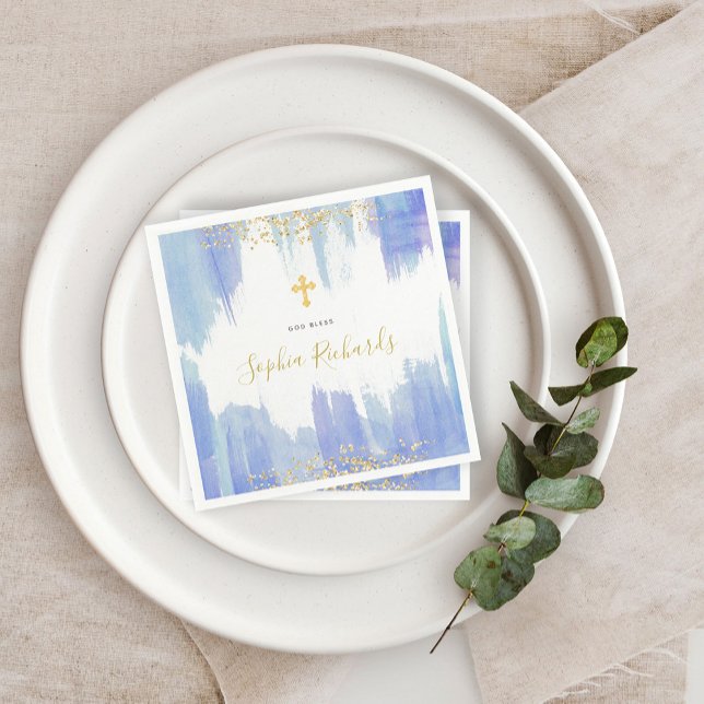 Elegant Blue Watercolor och Guld | Baptism Pappersservett (Skapare uppladdad)