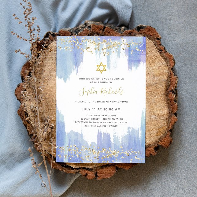 Elegant Blue Watercolor och Guld | BAT MITZVAH Inbjudningar (Skapare uppladdad)