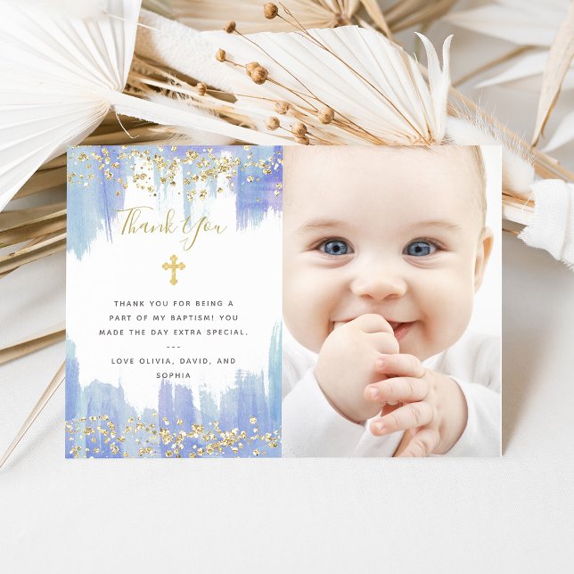 Elegant Blue Watercolor och Guld | Fotodobaptism Tack Kort (Skapare uppladdad)
