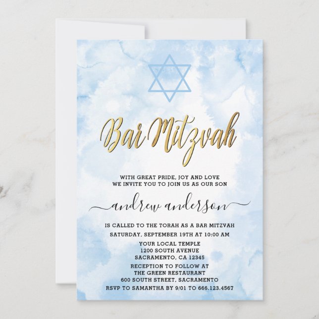 Elegant Blue Watercolor Pub Mitzvah Inbjudningar (Framsida)