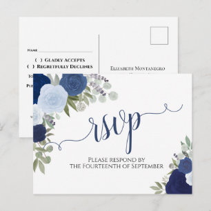 Elegant Blue Watercolor Ro Bröllop OSA Vykort