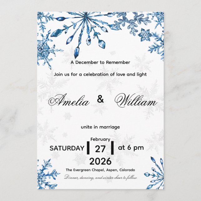 Elegant Blue Watercolor Snowflake Wedding Invite Inbjudningar (Framsida)
