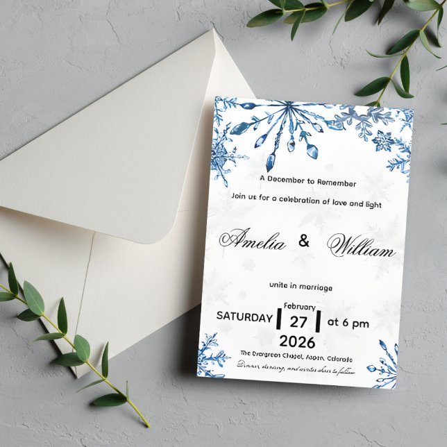 Elegant Blue Watercolor Snowflake Wedding Invite Inbjudningar (Skapare uppladdad)