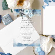 Elegant Blue Watercolor Stains och Blommigt Bröllo