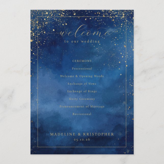 Elegant Blue Watercolor Wedding Ceremony Program (Framsida)