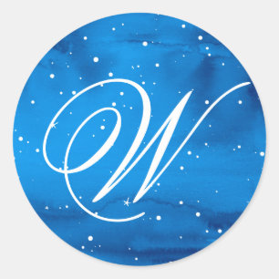 Elegant Blue Watercolor White Snö Script Monogram Runt Klistermärke