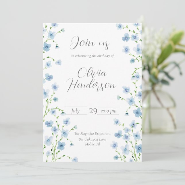 Elegant Blue Watercolor Wildblomma Inbjudningar (Stående Fram)