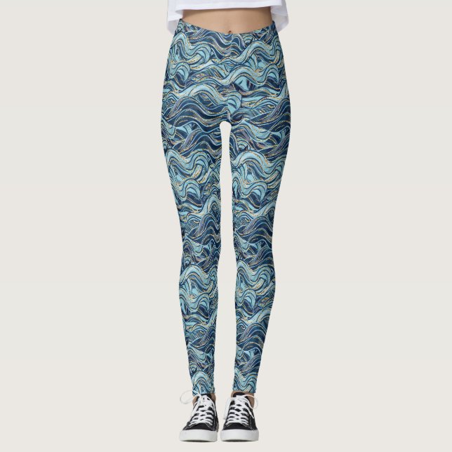 Elegant Blue Wave Mönster med Guld-accenter Leggings (Framsida)