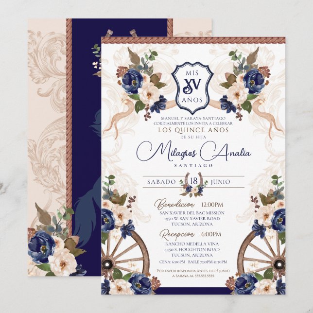 Elegant Blue Western Baroque Charro Quinceanera Inbjudningar (Fram/baksida)