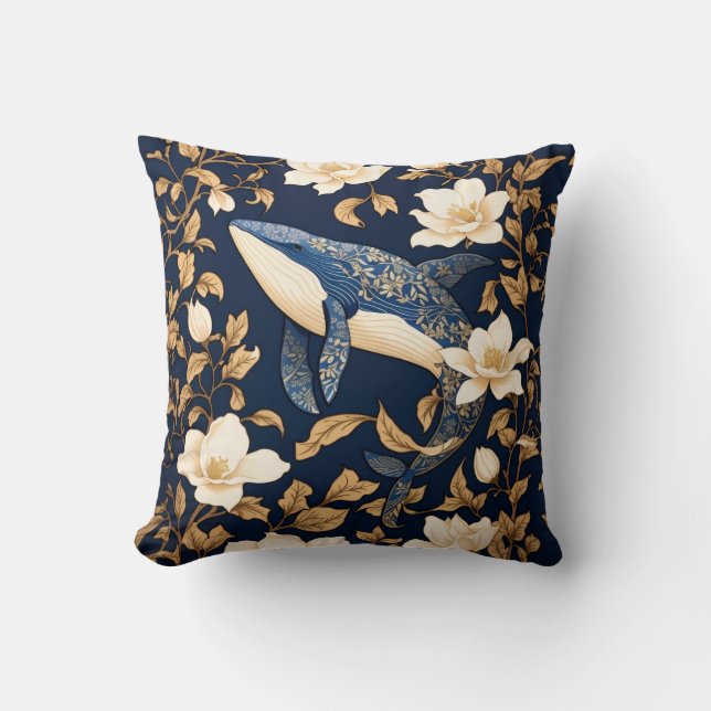 Elegant Blue Whale William Morris Inspired Blommig Kudde (Framsida)