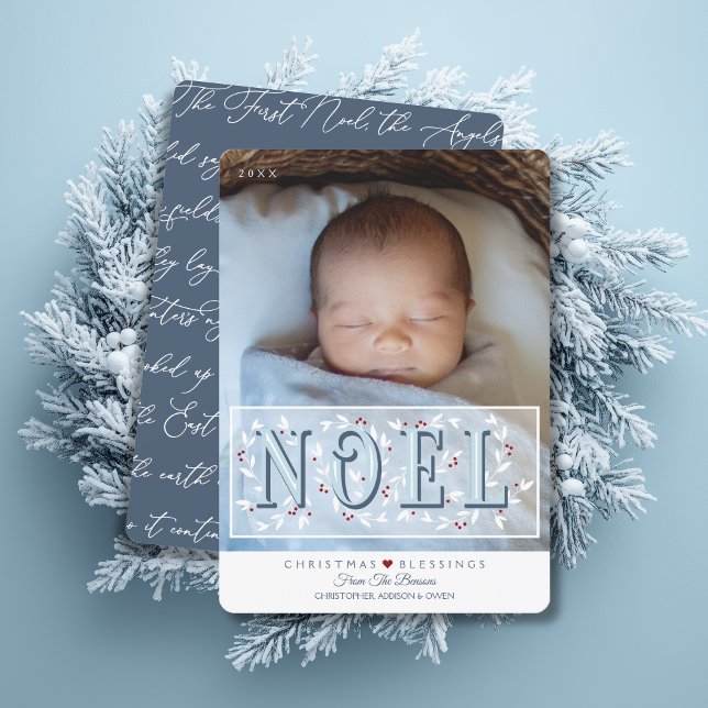 Elegant Blue White Baby första julkort Kort (Shown on a 5" x 7" card with rounded corners)