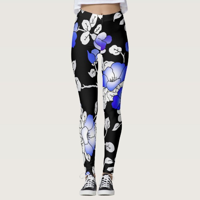 Elegant Blue White Black Blommigt Leggings (Framsida)