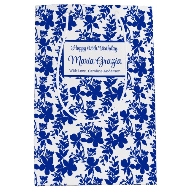 Elegant Blue White Blommigt 65e Birthday (Framsidan)