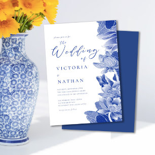 Elegant Blue & White Blommigt Chinoiserie Bröllop Inbjudningar