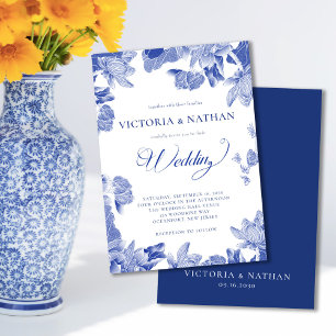 Elegant Blue White Blommigt Chinoiserie Bröllop Inbjudningar