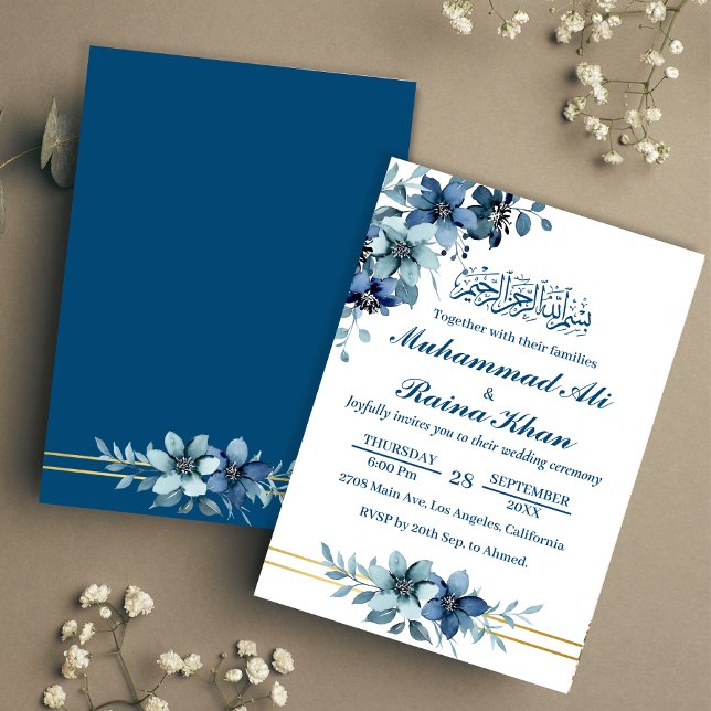 Elegant Blue White Blommigt Islamiska Bröllop Inbjudningar (Skapare uppladdad)