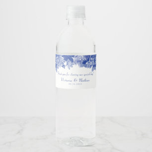 Elegant Blue White Blommigt Tack Bröllop Vatten Vattenflaskor Etikett
