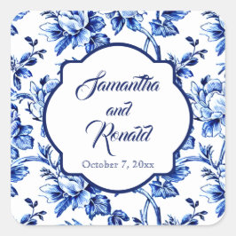 Elegant Blue White Blommigt Toile Bröllop Fyrkantigt Klistermärke