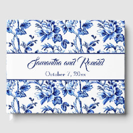 Elegant Blue White Blommigt Toile Bröllop Gästböcker