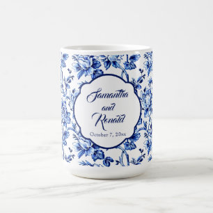Elegant Blue White Blommigt Toile Bröllop Kaffemugg