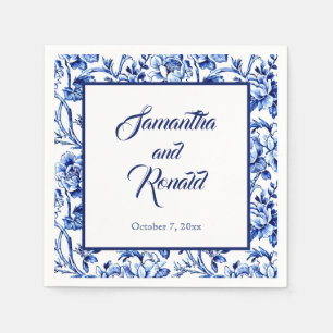 Elegant Blue White Blommigt Toile Bröllop Pappersservett