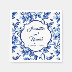 Elegant Blue White Blommigt Toile Bröllop Pappersservett