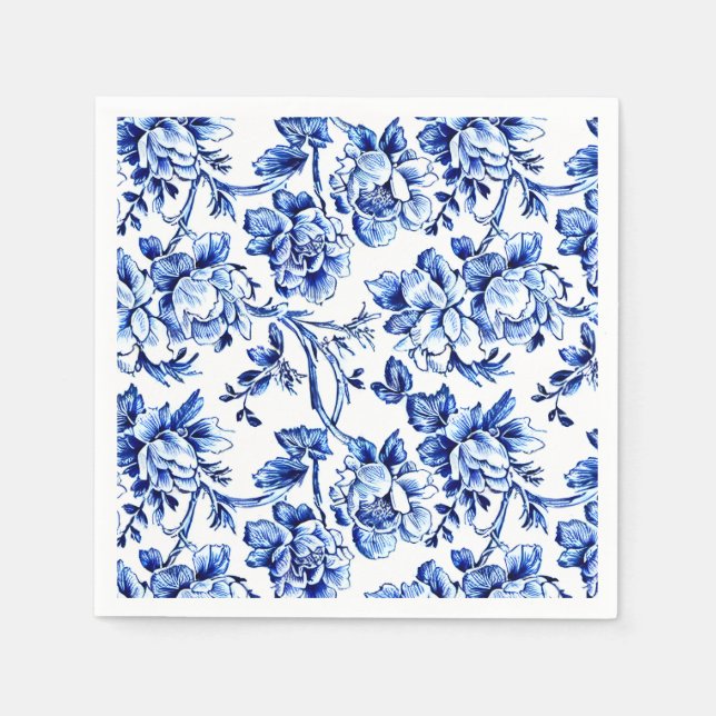 Elegant Blue - White Blommigt Toile Pappersservett (Framsidan)