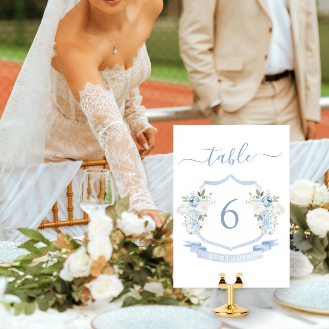 Elegant Blue White Blommigt Vapensköld Bröllop Bordsnummer (Skapare uppladdad)