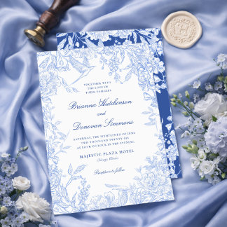 Elegant Blue & White Botanical Bird Wedding  Inbjudningar