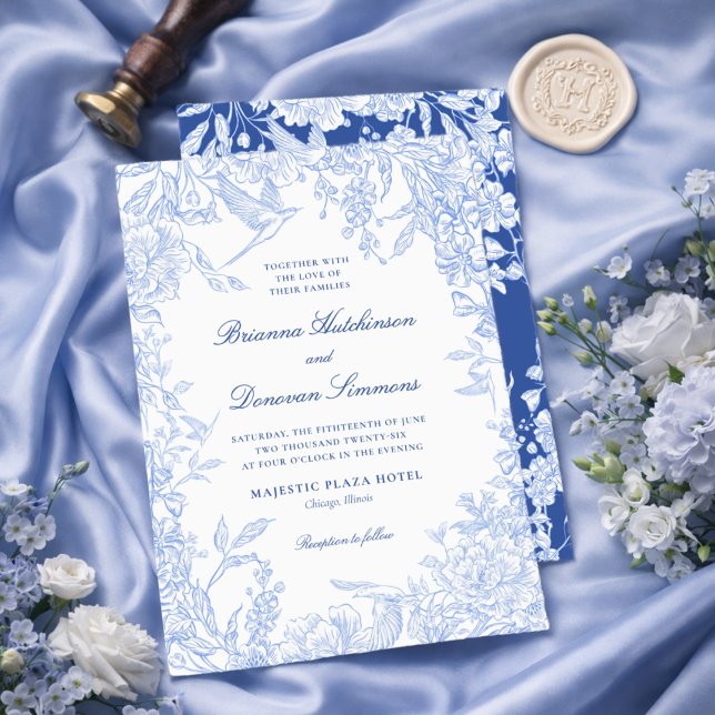 Elegant Blue & White Botanical Bird Wedding  Inbjudningar (Skapare uppladdad)