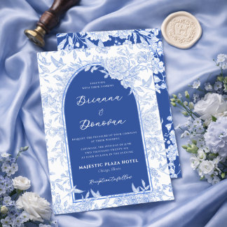 Elegant Blue & White Botanical Bird Wedding Inbjudningar
