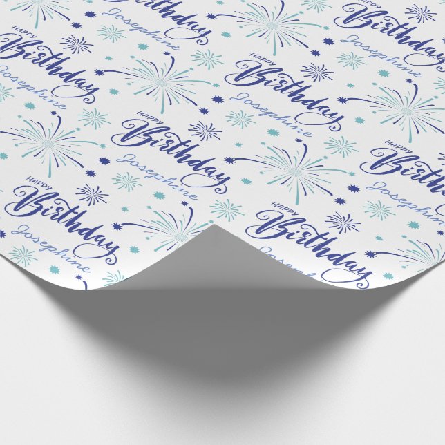 Elegant Blue White Calligraphy Fireworks Birthday Presentpapper (Hörn)