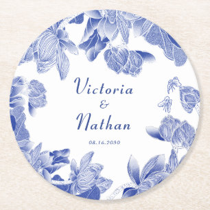 Elegant Blue White Chinoiserie Blommigt Bröllop Underlägg Papper Rund