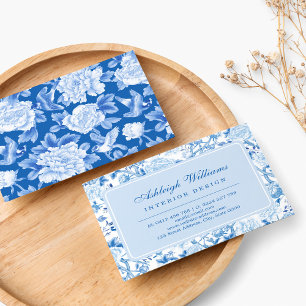 Elegant Blue White Chinoiserie Blommigt Porcelain Visitkort