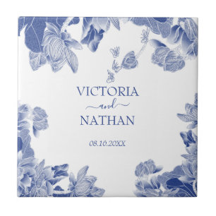 Elegant Blue White Chinoiserie Chic Blommigt Bröll Kakelplatta